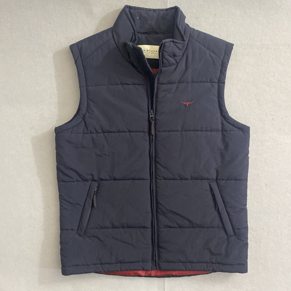 R.M. Williams Dark Navy Zip Puffer Vest Men's Sz S - JV232NYZD01 Burgundy Lining